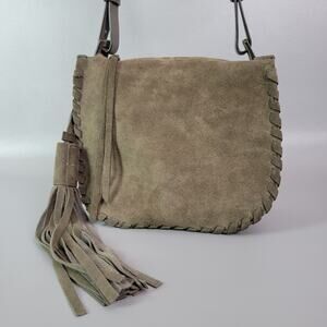 Allsaints Womens Suede Whipstitch Crossbody Shoulder Handbag Taupe Excellent